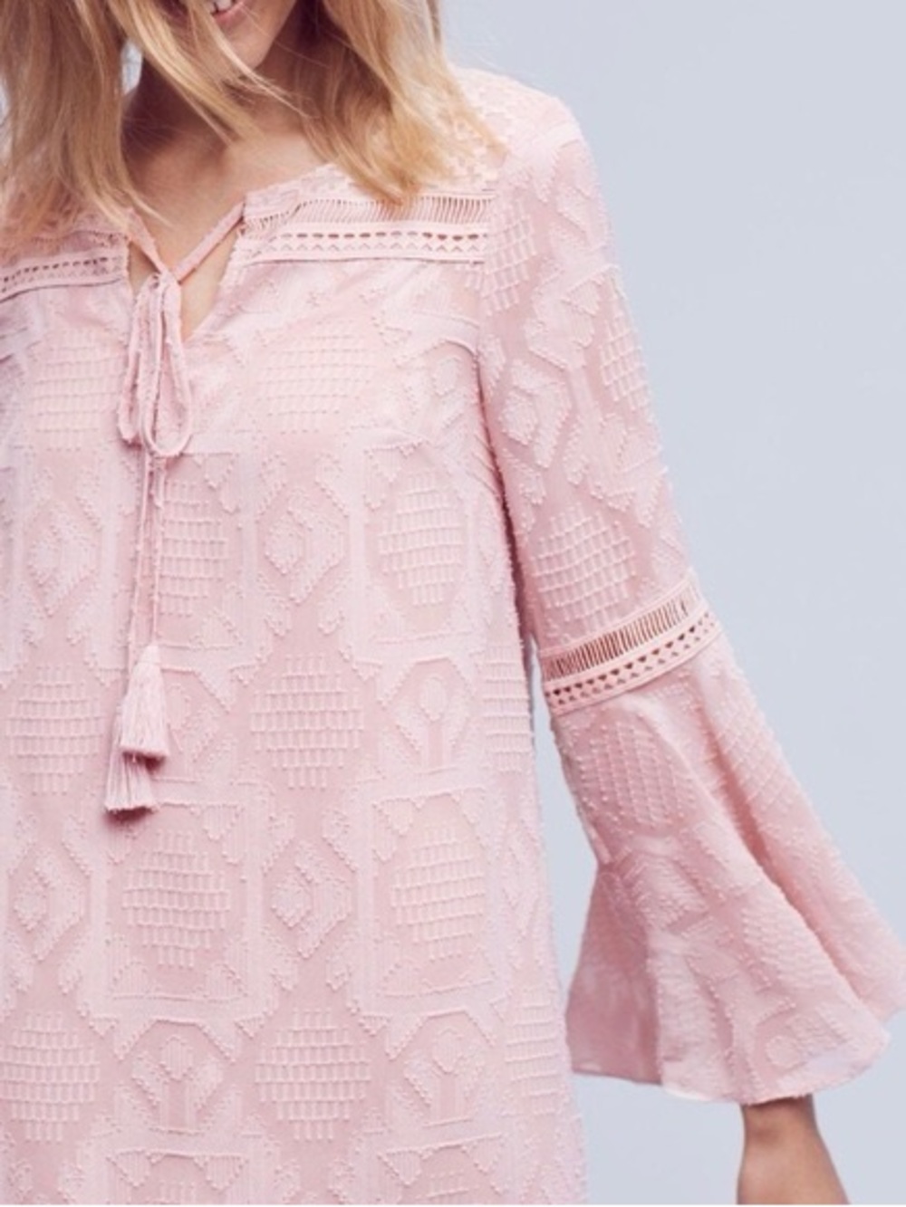 Anthropologie Blush Pink Lace-Trim Bell-Sleeve Dress - Picture 2 of 6